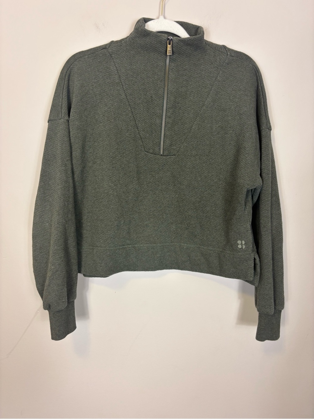 Sweaty Betty Olive Green Terry Cloth Half-Zip Mock Neck Sweatshirt Small